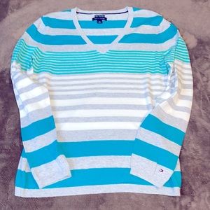 Tommy Hilfiger Pima Cotton V Neck Striped Long Sleeved Sweater